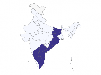 Map of India highlighting the 10 states where India Literacy Project operates: Karnataka, Tamil Nadu, Kerala, Andhra Pradesh, Telangana, Odisha, Jharkhand, West Bengal, Madhya Pradesh, and Jammu & Kashmir