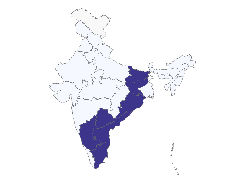Map of India highlighting the 10 states where India Literacy Project operates: Karnataka, Tamil Nadu, Kerala, Andhra Pradesh, Telangana, Odisha, Jharkhand, West Bengal, Madhya Pradesh, and Jammu & Kashmir