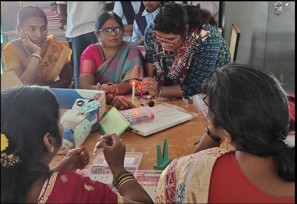A teacher demonstrating a science experiment to students